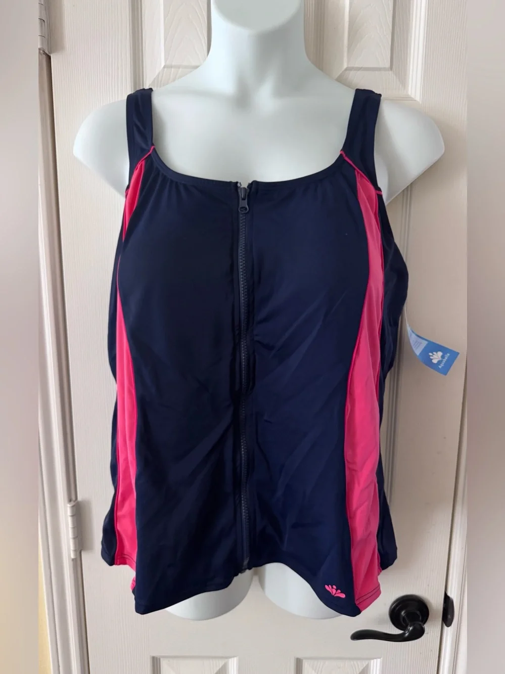 Aqua belle Swimsuits For All 26W Colorblock Navy Blue Pink Full Zip Tankini New